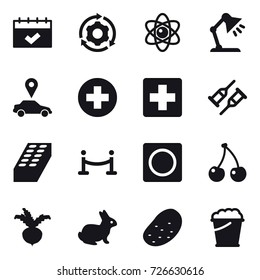 16 vector icon set : calendar, around gear, atom, table lamp, car pointer, brick, vip fence, ring button, cherry, beet, rabbit, potato, foam bucket