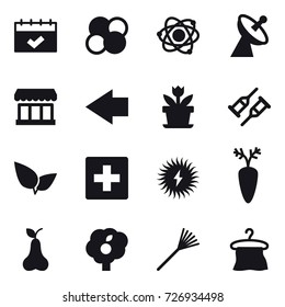 16 vector icon set : calendar, atom core, atom, satellite antenna, market, left arrow, flower, first aid, pear, garden, rake, hanger