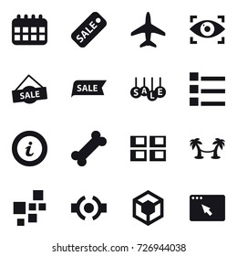 16 vector icon set : calendar, sale, plane, eye identity, list, info, panel house, palm hammock
