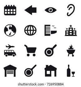 16 vector icon set : calendar, left arrow, earth, globe, hotel, transfer, cart, pan, bbq, garage, house, wine