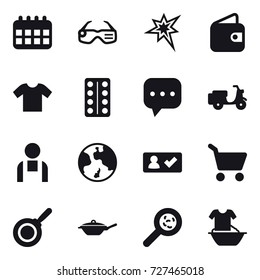 16 vector icon set : calendar, smart glasses, bang, wallet, t-shirt, earth, check in, cart, pan, viruses, handle washing