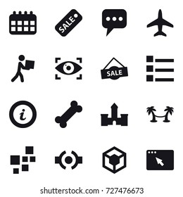 16 vector icon set : calendar, sale, message, plane, courier, eye identity, list, info, castle, palm hammock