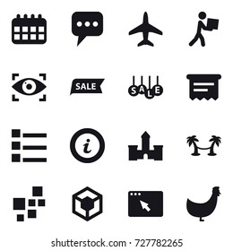 16 vector icon set : calendar, message, plane, courier, eye identity, sale, atm receipt, list, info, castle, palm hammock, chicken