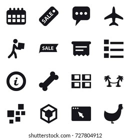 16 vector icon set : calendar, sale, message, plane, courier, atm receipt, list, info, panel house, palm hammock, chicken