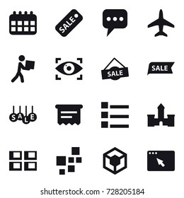 16 vector icon set : calendar, sale, message, plane, courier, eye identity, atm receipt, list, castle, panel house