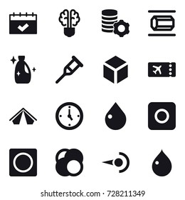 16 vector icon set : calendar, bulb brain, virtual mining, nanotube, cleanser, 3d, ticket, tent, watch, drop, ring button