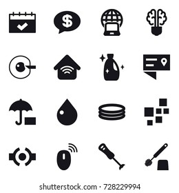 16 vector icon set : calendar, money message, notebook globe, bulb brain, cell corection, wireless home, cleanser, drop, inflatable pool, toilet brush