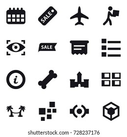 16 vector icon set : calendar, sale, plane, courier, eye identity, atm receipt, list, info, castle, panel house, palm hammock