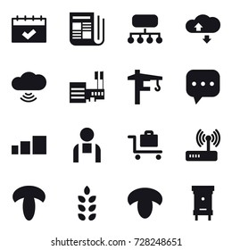 16 vector icon set : calendar, newspaper, structure, cloude service, cloud wireless, mall, tower crane, baggage trolley, spikelets, mushroom, hive