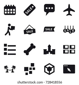 16 vector icon set : calendar, sale, message, plane, courier, list, castle, panel house, palm hammock