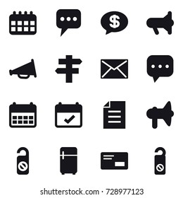 16 vector icon set : calendar, message, money message, megafon, loudspeaker, singlepost, mail, do not distrub, fridge