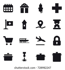 16 vector icon set : calendar, gift, spark plug, tower, train, arrival, locked, pan
