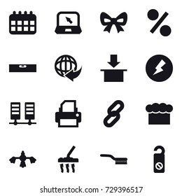 16 vector icon set : calendar, notebook, bow, percent, level, electricity, chef  hat, hard reach place cleaning, vacuum cleaner, brush, do not distrub