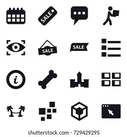 16 vector icon set : calendar, sale, message, courier, eye identity, list, info, castle, panel house, palm hammock