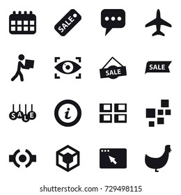 16 vector icon set : calendar, sale, message, plane, courier, eye identity, info, panel house, chicken