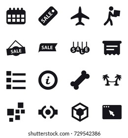 16 vector icon set : calendar, sale, plane, courier, atm receipt, list, info, palm hammock