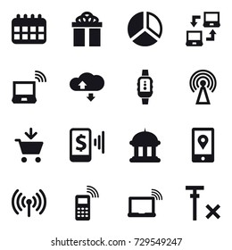 16 vector icon set : calendar, gift, diagram, notebook connect, notebook wireless, cloude service, smartwatch, antenna, add to cart, mobile pay, goverment house, wireless