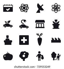 16 vector icon set : calendar, atom, satellite antenna, eco car, electric car, market, flower, first aid, seedling, tomato, garden, trash, garden cleaning