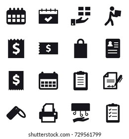 16 vector icon set : calendar, gift, courier, receipt, shopping bag, hand dryer, clipboard list