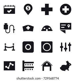 16 vector icon set : calendar, dollar pin, dome house, vip fence, ring button, watering, barn, rabbit