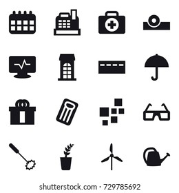 16 vector icon set : calendar, cashbox, building, bunker, inflatable mattress, whisk, seedling, windmill, watering can