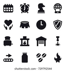 16 vector icon set : calendar, alarm clock, chess horse, notebook globe, stadium, shield, toaster, fireplace, garage, coffee seeds, fire