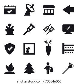 16 vector icon set : calendar, satellite antenna, market, left arrow, flower, flower in window, watering, sprouting, spruce, trash, rake