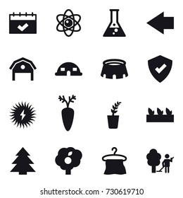 16 vector icon set : calendar, atom, flask, left arrow, barn, dome house, stadium, seedling, spruce, garden, hanger, garden cleaning