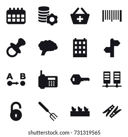 16 vector icon set : calendar, virtual mining, add to basket, barcode, nipple, building, key, big fork, seedling, clothespin