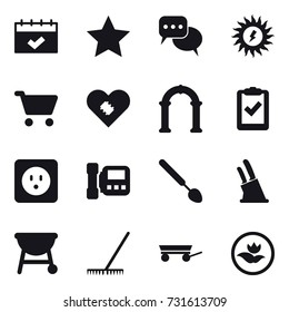 16 vector icon set : calendar, star, discussion, sun power, cart, arch, power socket, intercome, big spoon, knife holder, rake, trailer, ecology