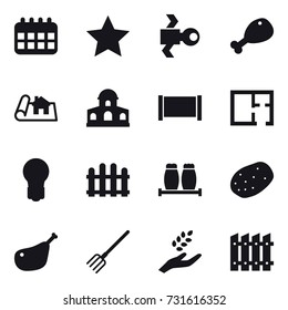 16 vector icon set : calendar, star, satellite, chicken leg, project, mansion, fence, plan, bulb, fork, harvest