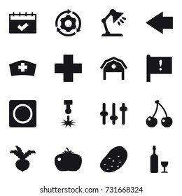 16 vector icon set : calendar, around gear, table lamp, left arrow, barn, ring button, cherry, beet, tomato, potato, wine
