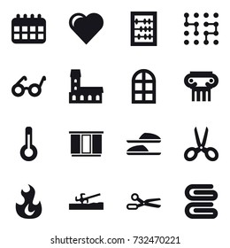 16 Vector Icon Set : Calendar, Heart, Abacus, Chip, Mansion, Arch Window, Antique Column, Thermometer, Wardrobe, Slippers, Scissors, Soil Cutter, Stack Of Towels