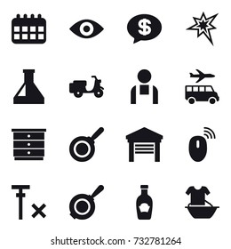 16 vector icon set : calendar, eye, money message, bang, transfer, chest of drawers, pan, garage, handle washing