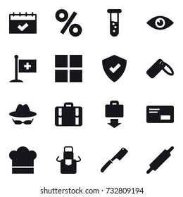 16 vector icon set : calendar, percent, vial, window, suitcase, baggage get, cook hat, apron, chef knife, rolling pin