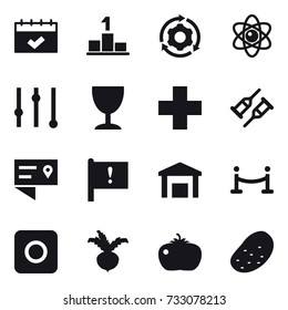 16 vector icon set : calendar, pedestal, around gear, atom, equalizer, wineglass, vip fence, ring button, beet, tomato, potato
