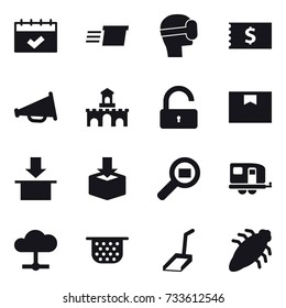 16 vector icon set : calendar, delivery, virtual mask, receipt, loudspeaker, fort, unlock, trailer, colander, scoop, bug