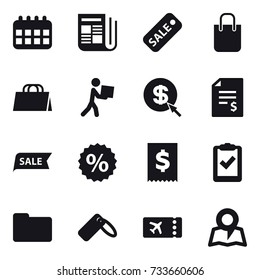 16 vector icon set : calendar, newspaper, sale, shopping bag, courier, dollar arrow, account balance, percent, ticket, map