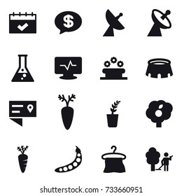 16 vector icon set : calendar, money message, satellite antenna, flask, flower bed, stadium, seedling, garden, carrot, peas, hanger, garden cleaning
