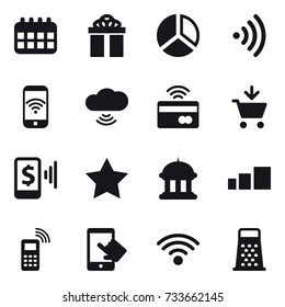 16 vector icon set : calendar, gift, diagram, wireless, phone wireless, cloud wireless, tap to pay, add to cart, mobile pay, star, goverment house