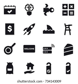 16 vector icon set : calendar, bulb brain, satellite, calculator, shark flipper, Chair for babies, pan, welcome mat, flour, housing, do not distrub, please clean