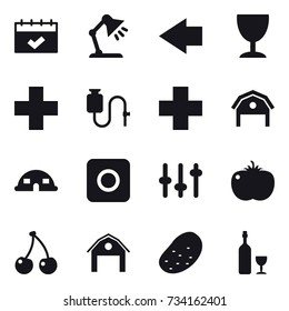 16 vector icon set : calendar, table lamp, left arrow, wineglass, barn, dome house, ring button, cherry, potato, wine