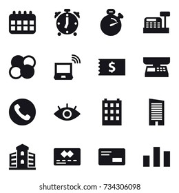 16 vector icon set : calendar, alarm clock, stopwatch, cashbox, atom core, notebook wireless, receipt, market scales, phone, building, skyscraper