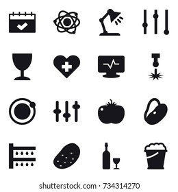 16 vector icon set : calendar, atom, table lamp, equalizer, wineglass, watering, potato, wine, foam bucket