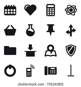 16 vector icon set : calendar, heart, calculator, atom, basket, map, shield, rake