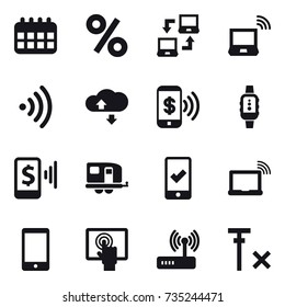 16 vector icon set : calendar, percent, notebook connect, notebook wireless, wireless, cloude service, phone pay, smartwatch, mobile pay, trailer, mobile checking
