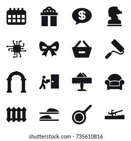 16 vector icon set : calendar, gift, money message, chess horse, chip, bow, remove from basket, repair, arch, restaurant, armchair, radiator, slippers, pan, soil cutter