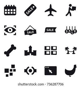 16 vector icon set : calendar, sale, plane, courier, eye identity, castle, panel house, palm hammock, chicken