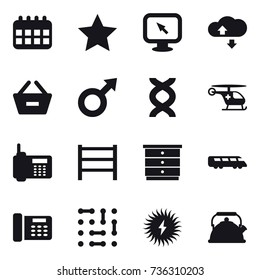 16 vector icon set : calendar, star, monitor arrow, cloude service, remove from basket, chest of drawers, kettle