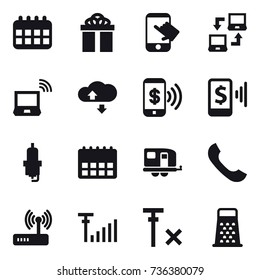 16 vector icon set : calendar, gift, touch, notebook connect, notebook wireless, cloude service, phone pay, mobile pay, spark plug, trailer